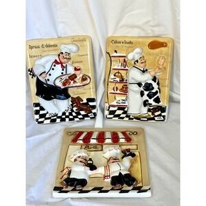 Set of 3 Whimsical Italian Fat Chef Ceramic Wall Plaques 3D Bistro Kitchen Decor